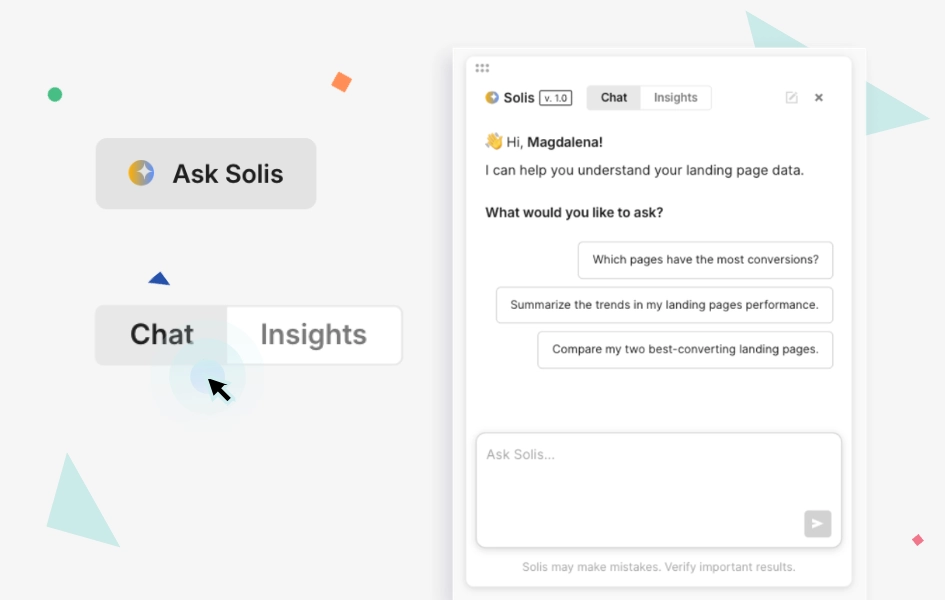 Solis chat interface showing landing page performance analysis