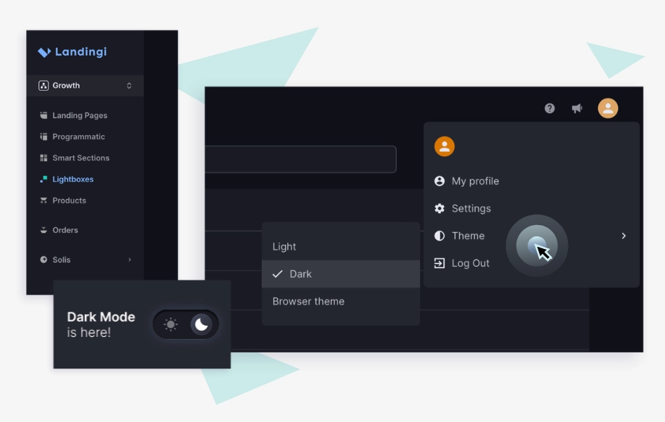 Landingi dashboard displayed in dark mode