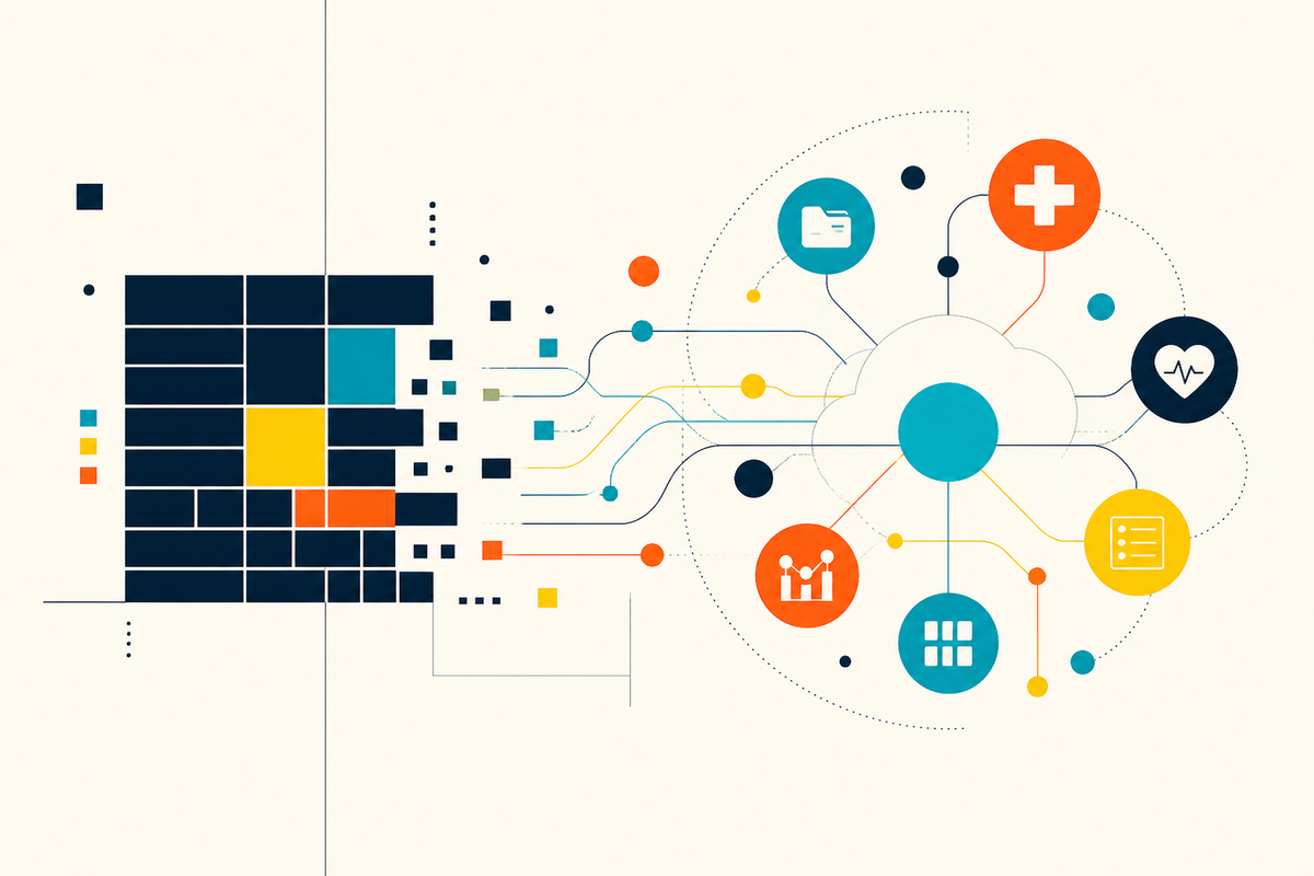 Abstract Swiss-style composition showing rigid legacy blocks becoming a connected healthcare data network