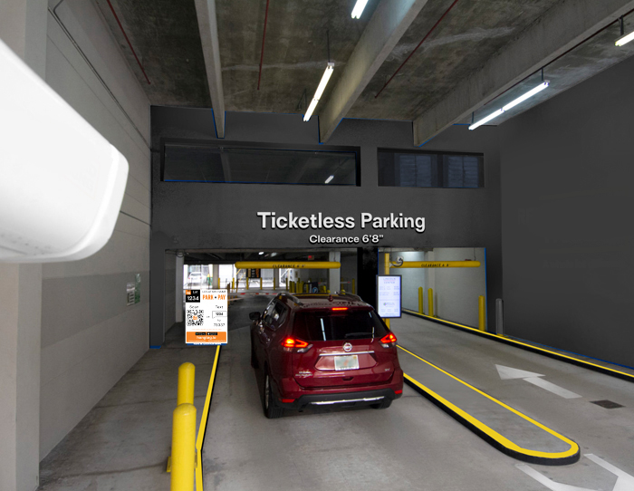 A vehicle approaches a ticketless parking entrance in a Lanier promotional image