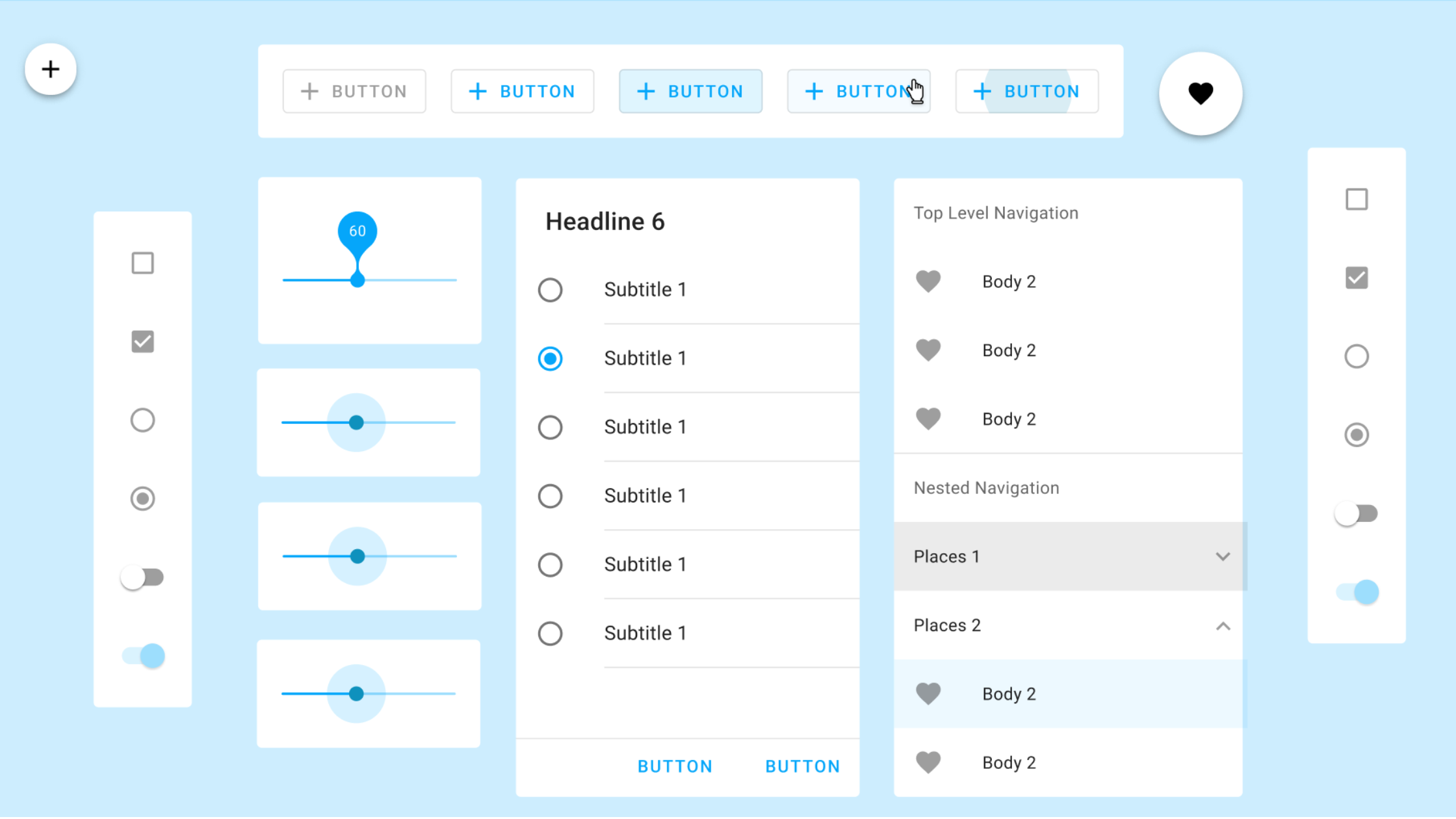 Visual LANSA Material UI Kit showing reusable buttons, sliders, selection controls and navigation components