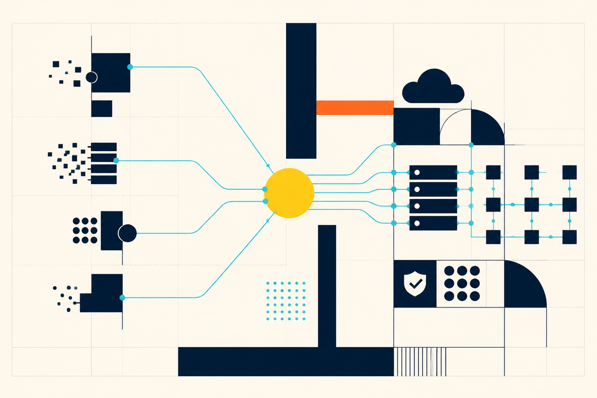 Abstract Swiss-style illustration of fragmented systems converging into a secure connected network