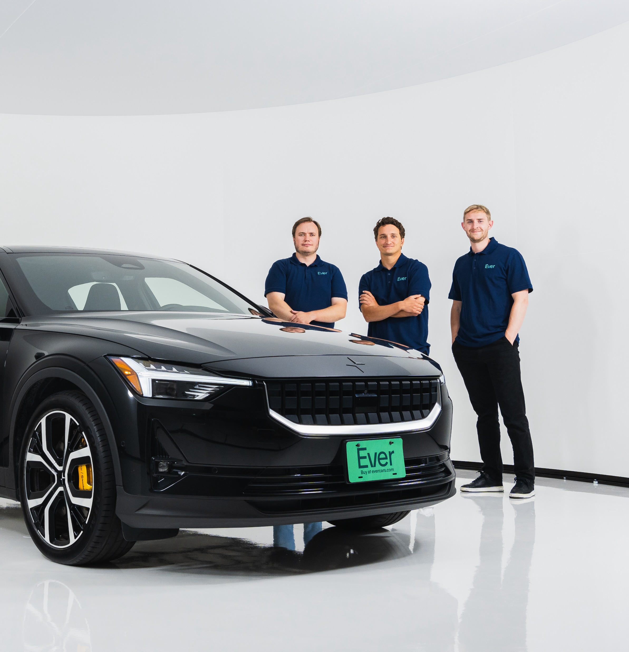 Ever co-founders Lasse-Mathias Nyberg, TJ Casner and Maximilian Quertermous standing behind a Polestar 2