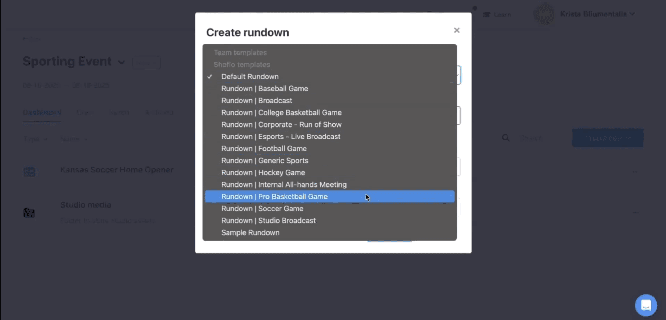 Shoflo Rundown interface with event cues, timings, and production columns