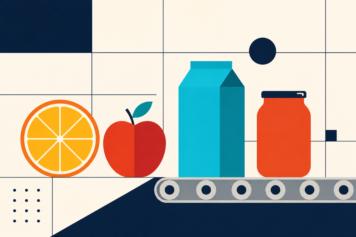Abstract Swiss-style illustration of fruit, a juice carton, sauce jar and conveyor belt