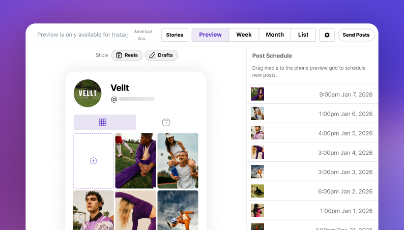 Later visual planner showing a calendar and an Instagram feed preview