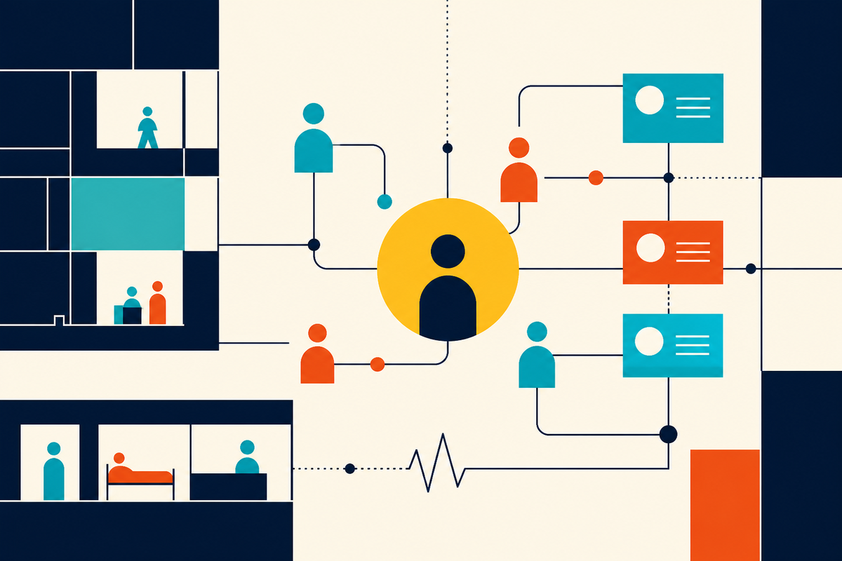 Abstract Swiss-style illustration of a frontline hospital manager connecting people and workflows