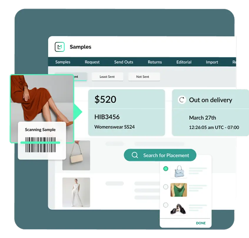 Launchmetrics Samples product illustration showing inventory, loan status and a sample scan