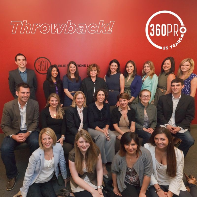 An archival 360 agency team photograph shared by Laura Tomasetti for the company’s 25th anniversary