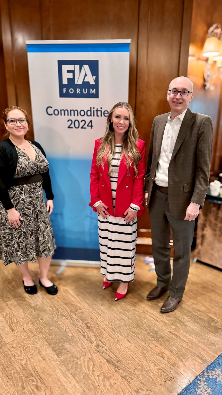 Lauren Trice, center, with AEGIS Markets colleagues Melody Valenzuela and Andrew Furman at the 2024 FIA Commodities Forum