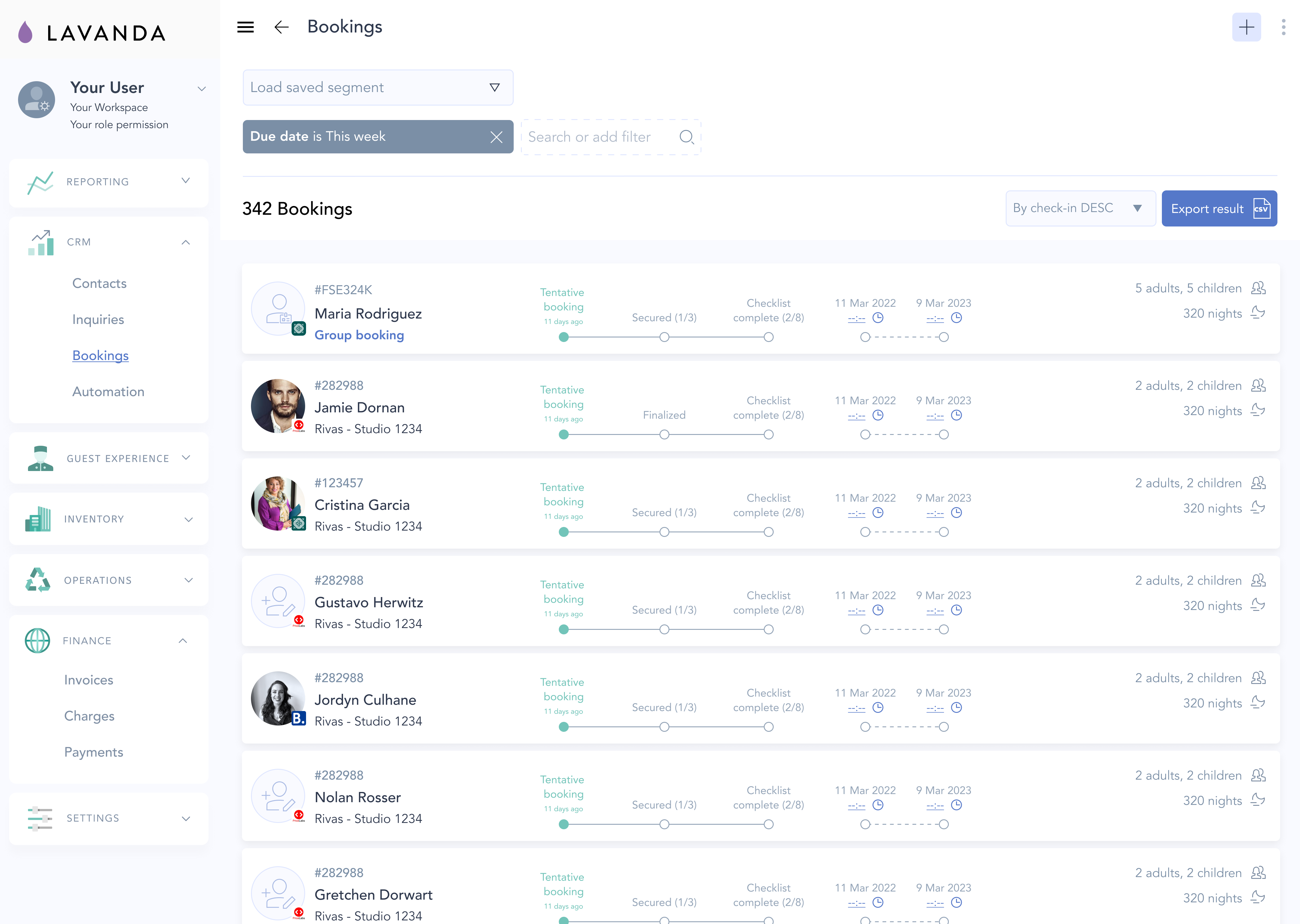 Lavanda PMS booking list showing reservations, statuses and filters