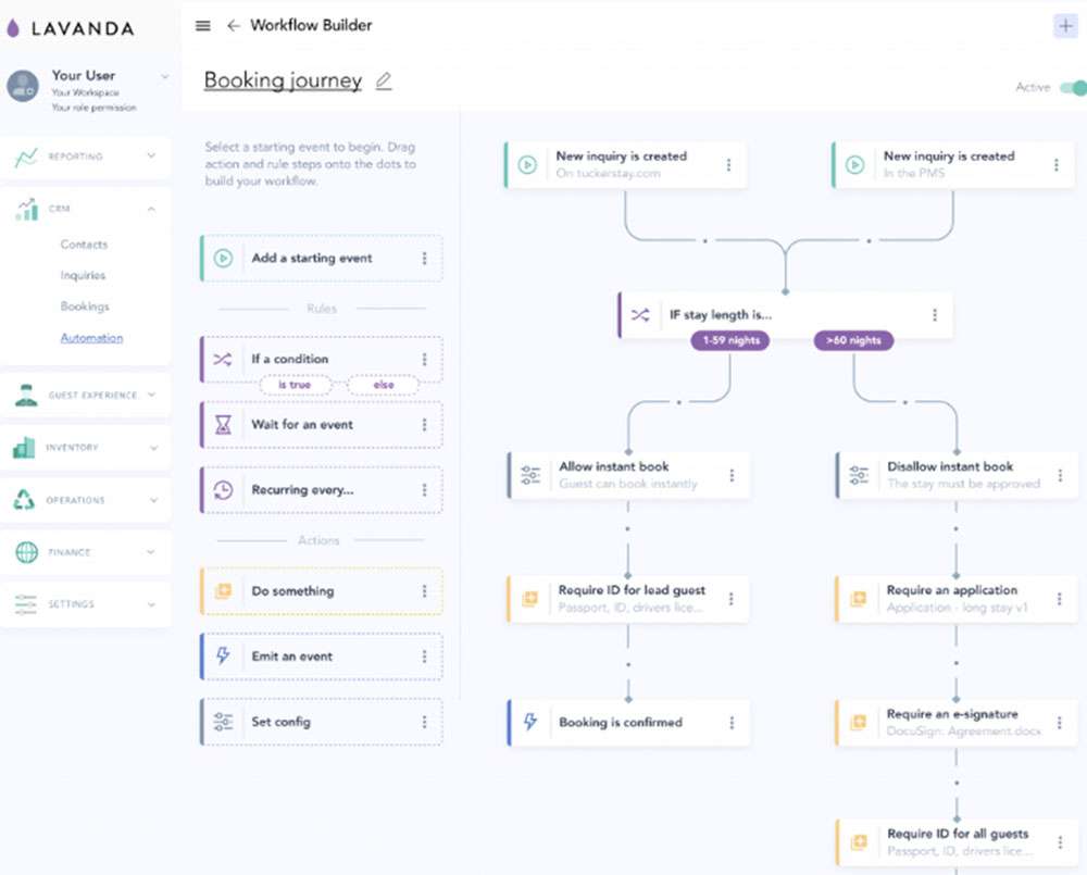 Lavanda workflow builder showing a booking journey with different rules for short and long stays