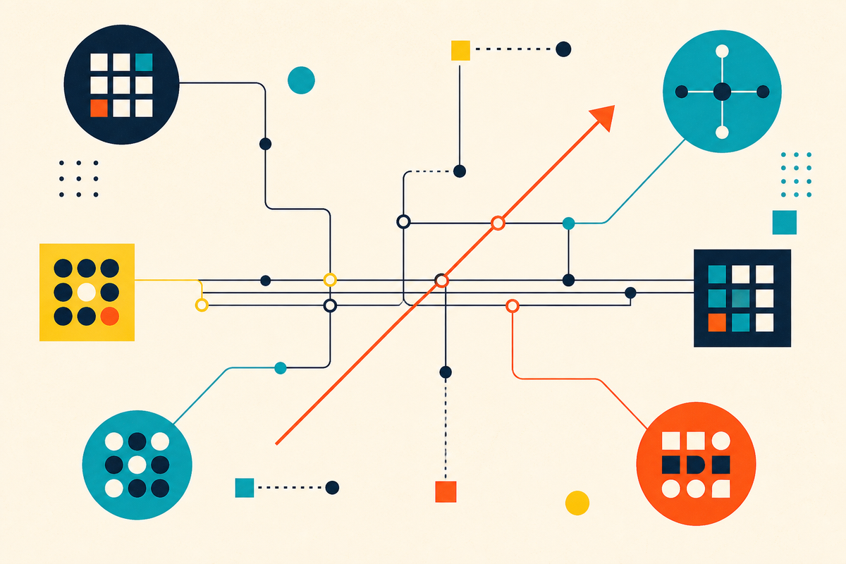Abstract Swiss-style network of geometric systems connected by precise colored routes