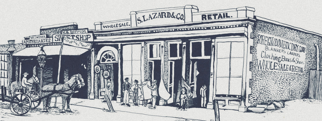 Archival illustration of an S. Lazard and Company dry-goods storefront