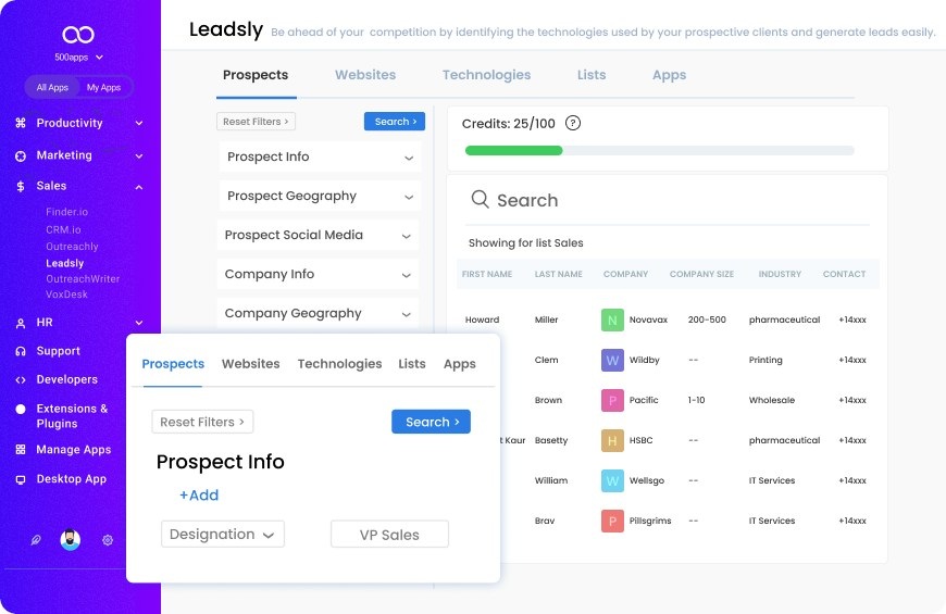 Historical Leadsly prospect search interface showing company and geography filters and a credit counter