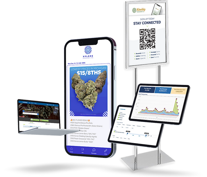Leafbuyer product montage featuring a deals website, mobile messages, signup display, and campaign dashboards