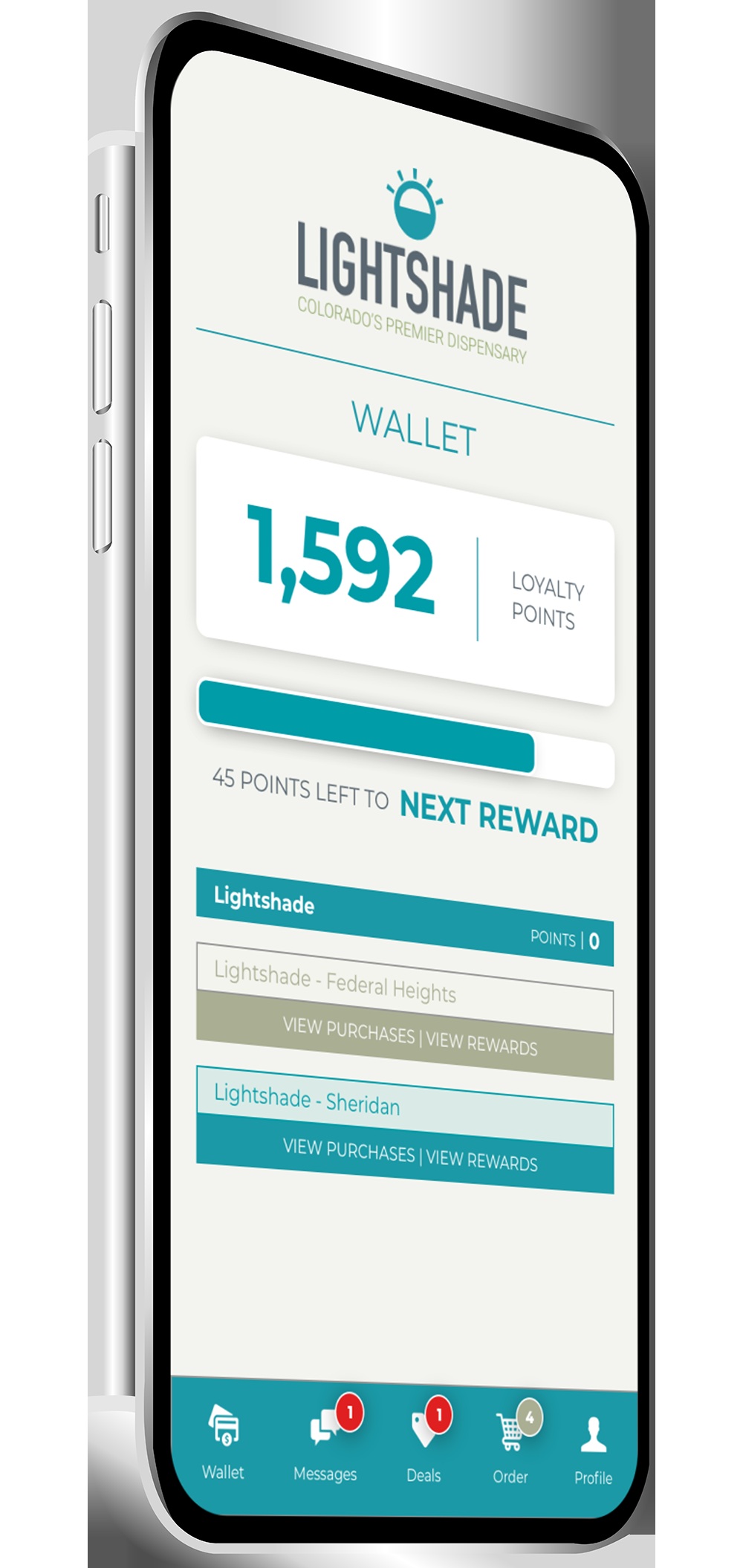 Leafbuyer’s Lightshade SmartApp mockup showing a loyalty wallet and rewards progress