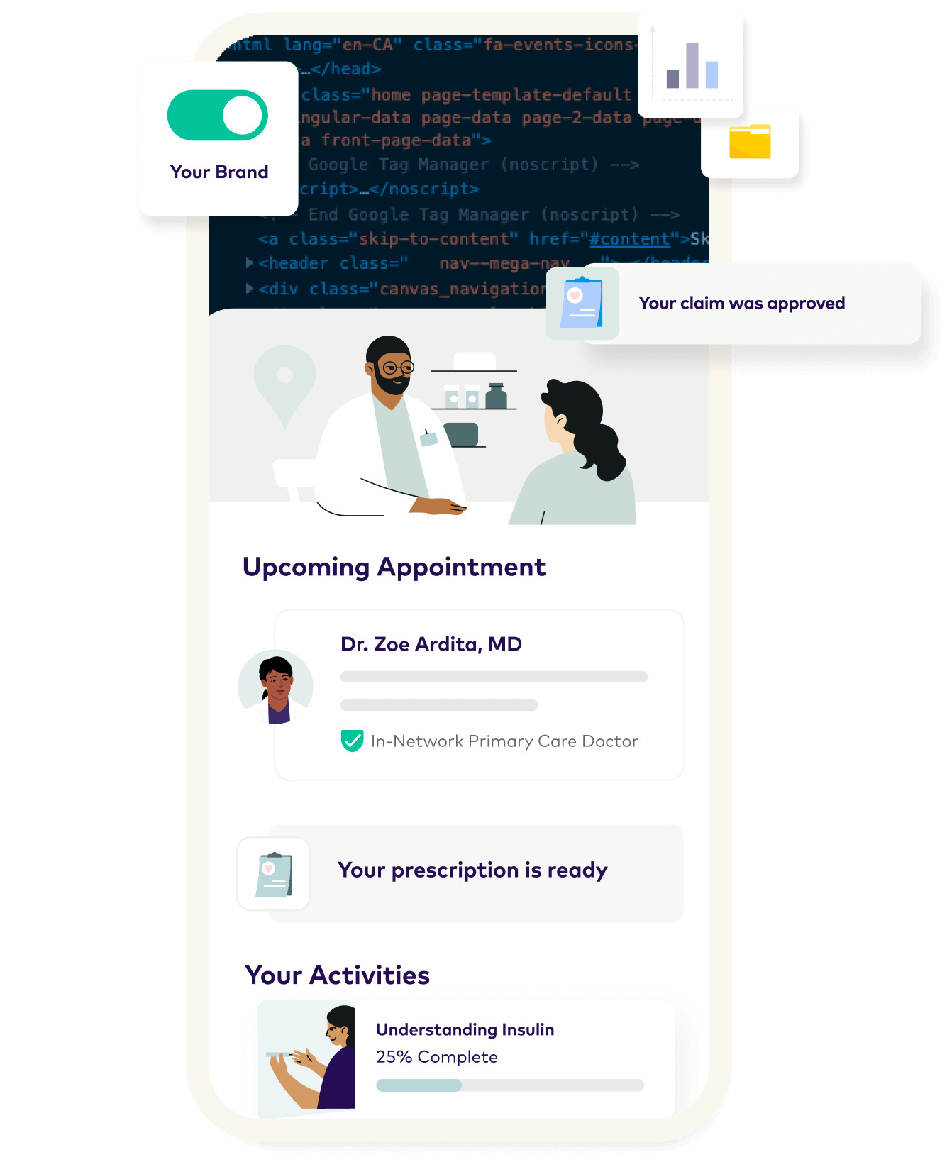 League product concept showing a branded healthcare app with an appointment, prescription and health activities
