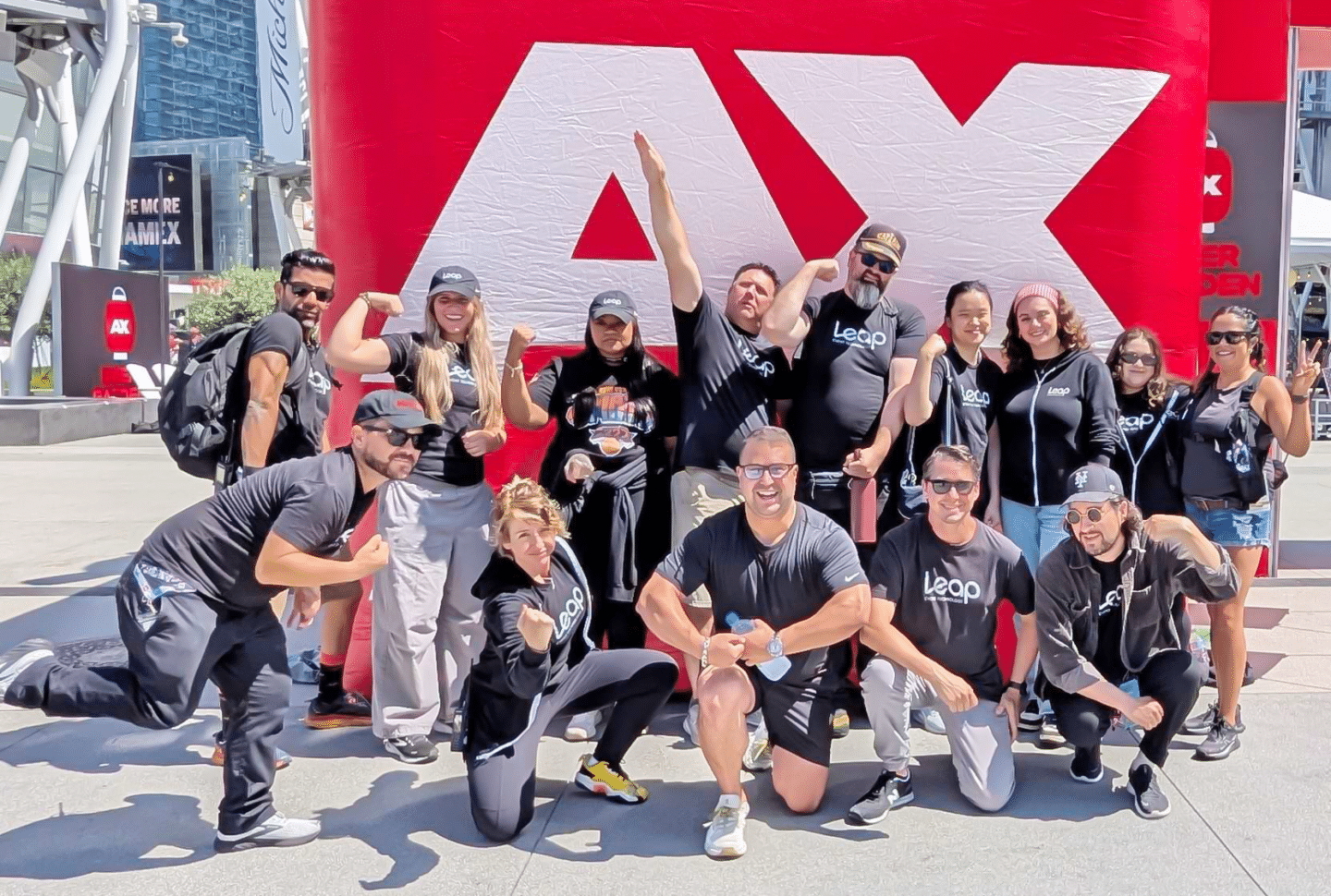 Leap team members posing together outside Anime Expo