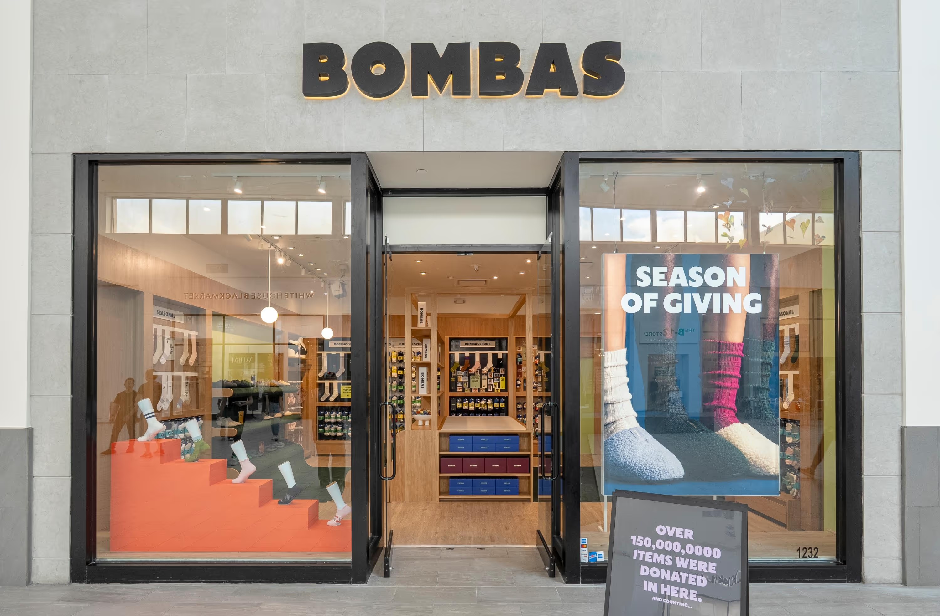 Bombas storefront in Boca Raton, with socks displayed in the windows