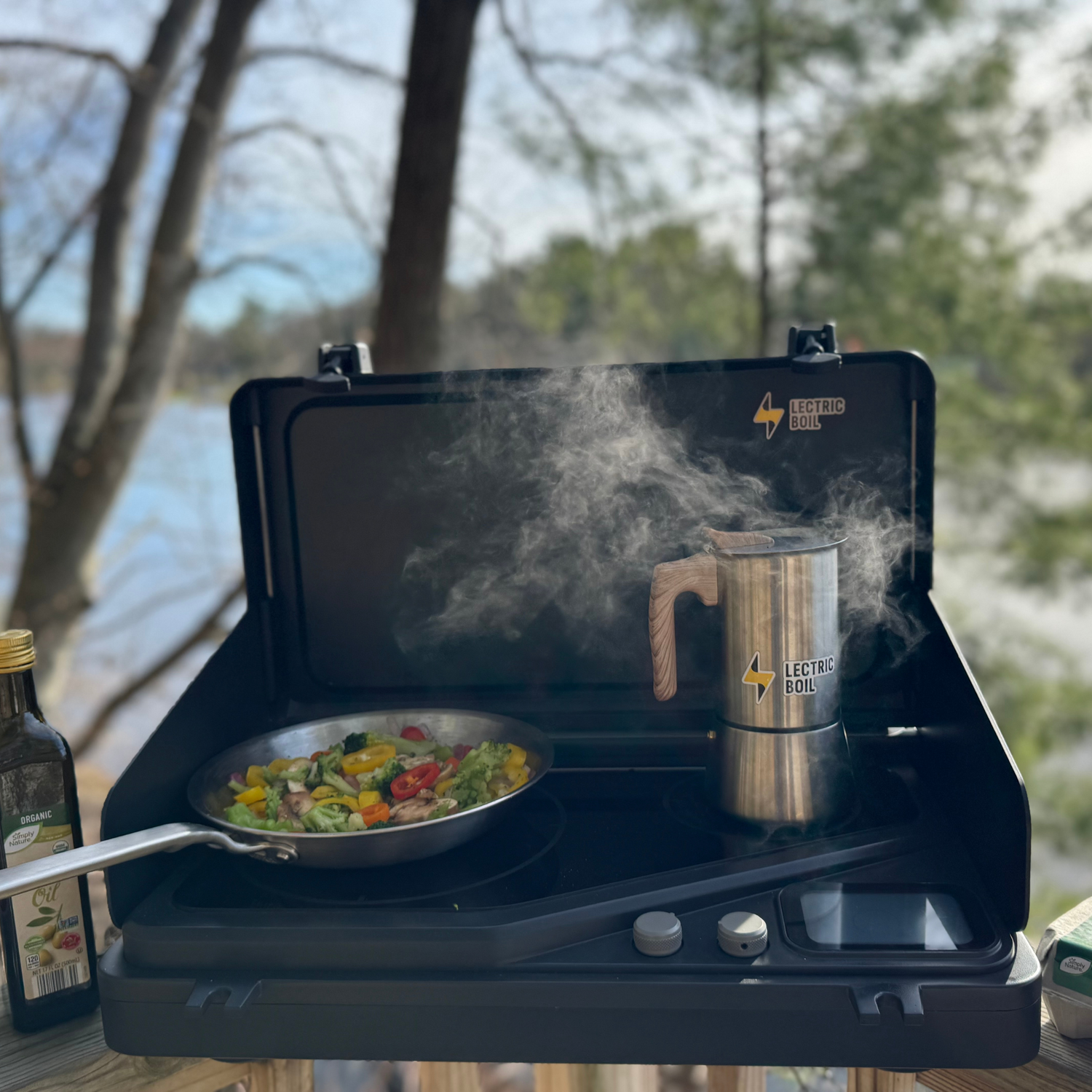 Vegetables cooking and coffee brewing on the Overlander