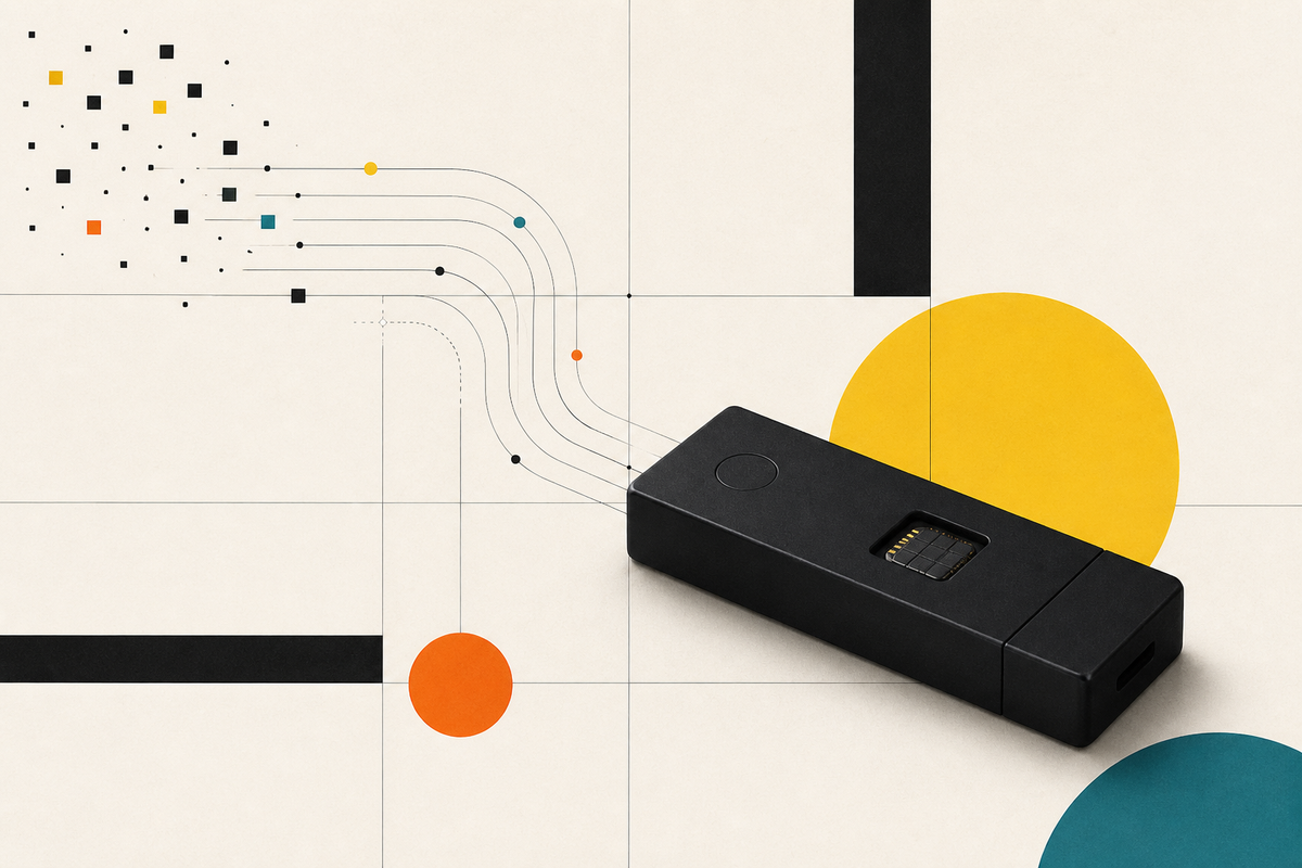 Minimal geometric illustration of a hardware security device receiving signals from a network