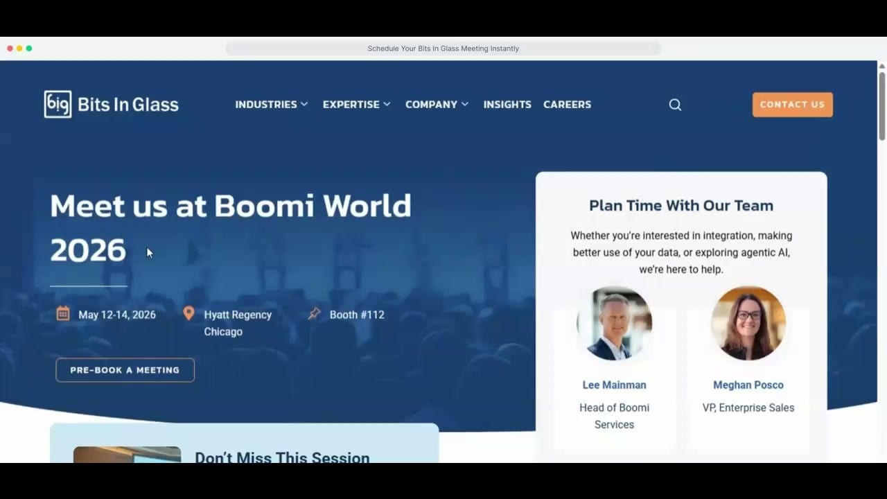 Bits In Glass Boomi World 2026 event page showing Lee Mainman among the meeting team