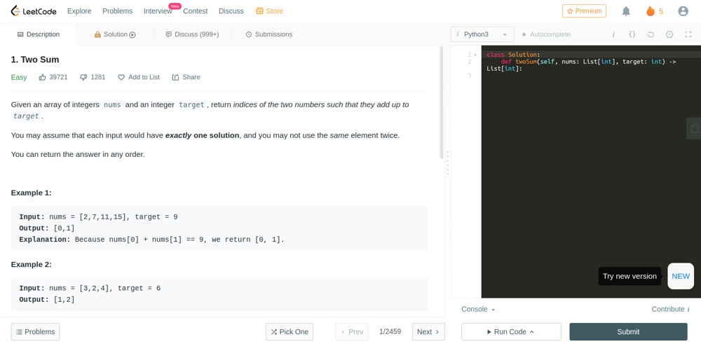 LeetCode problem page showing the Two Sum prompt beside a code editor