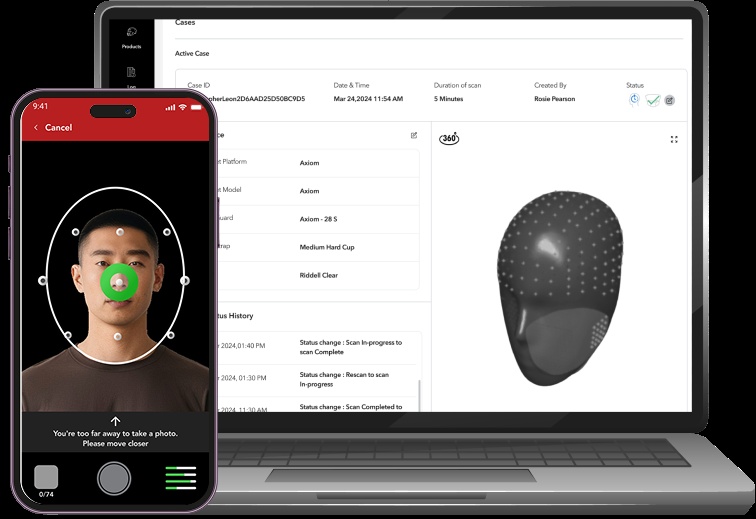 Riddell product mockup showing a phone guiding head capture beside a laptop displaying a three-dimensional head model