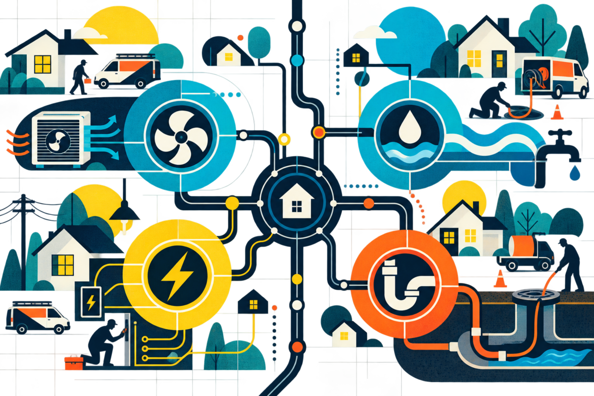 Abstract Swiss-style illustration connecting air, water, electrical and plumbing service modules across a network