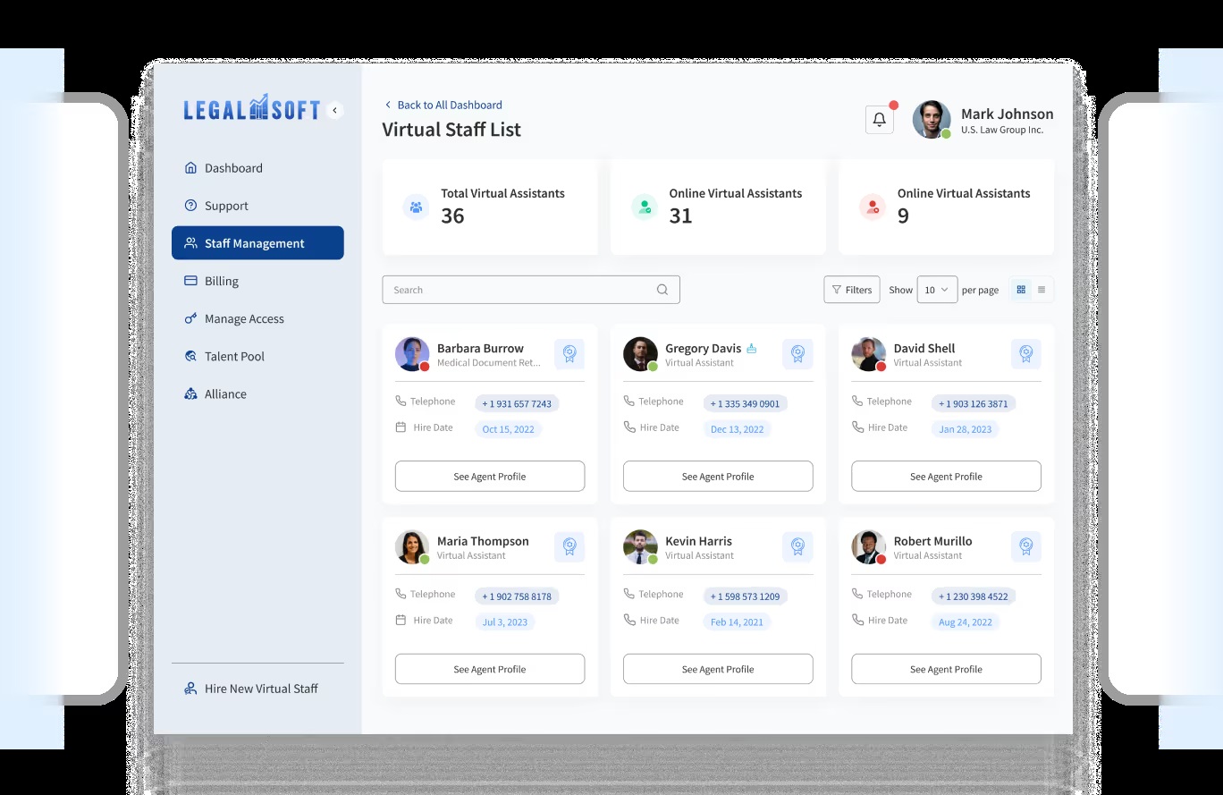 Legal Soft promotional dashboard showing a virtual staff list and staff management navigation
