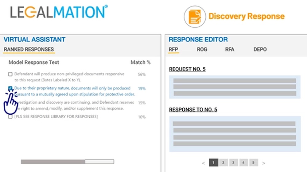 LegalMation Discovery Response interface with a virtual assistant and response editor