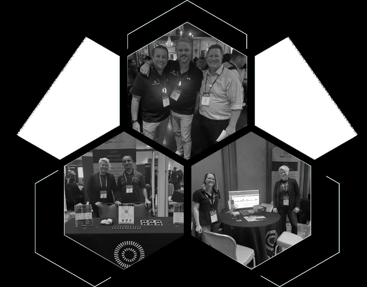 A montage of Legato Security team members meeting at industry events
