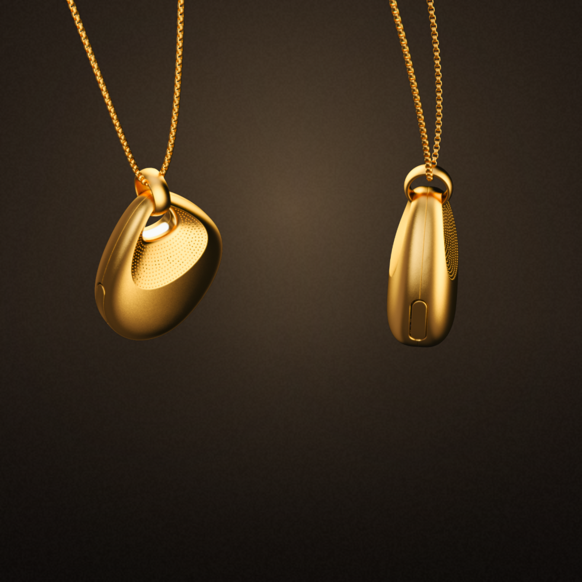 Front and side views of the gold Legend One pendant
