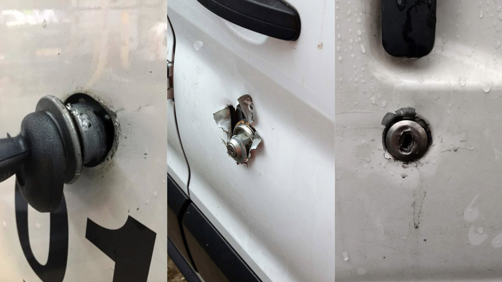 Close-up collage of lock damage after attempted van break-ins