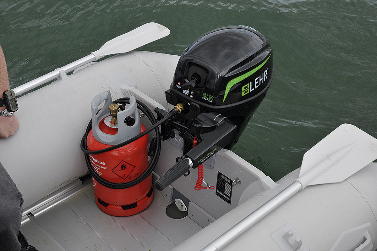 LEHR 9.9 horsepower propane outboard fitted to an inflatable tender with a remote propane cylinder