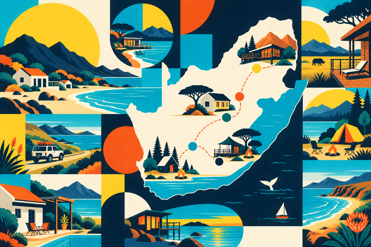 Abstract Swiss-style illustration of accommodation and routes across South Africa