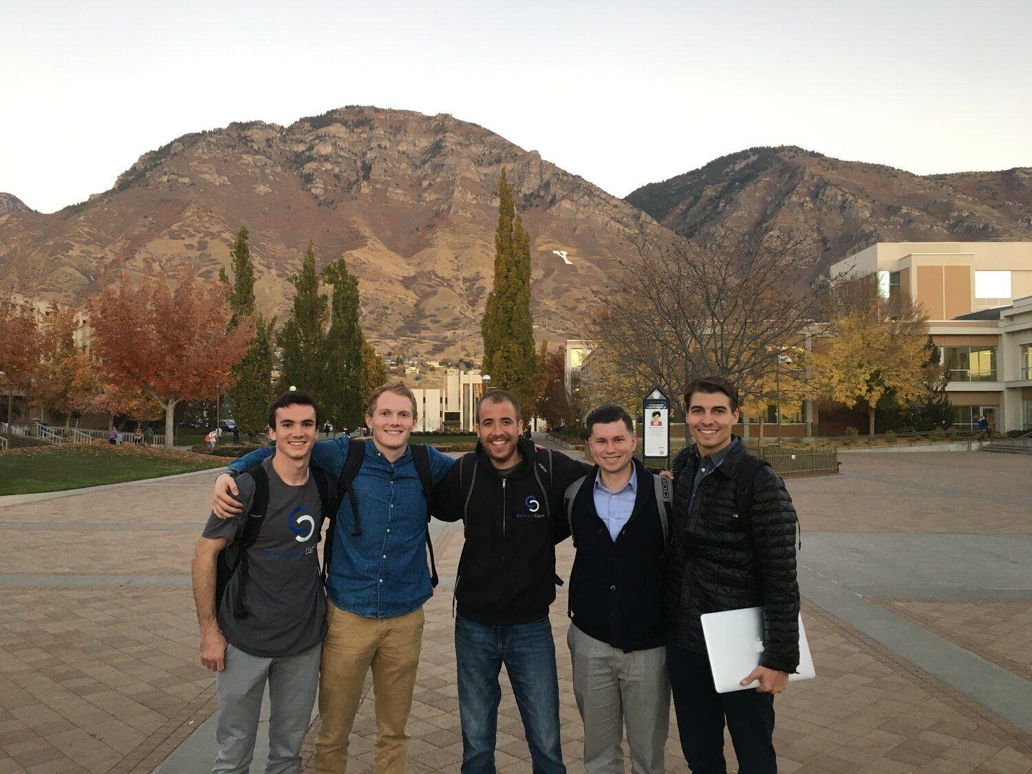 Five members of the BYU Contrary group outdoors in 2016, including John Koelliker and investor Eric Tarczynski