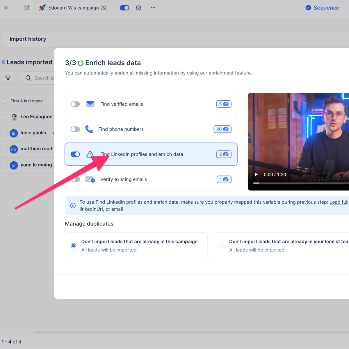 Lemlist enrichment panel with options for email, phone, and LinkedIn data