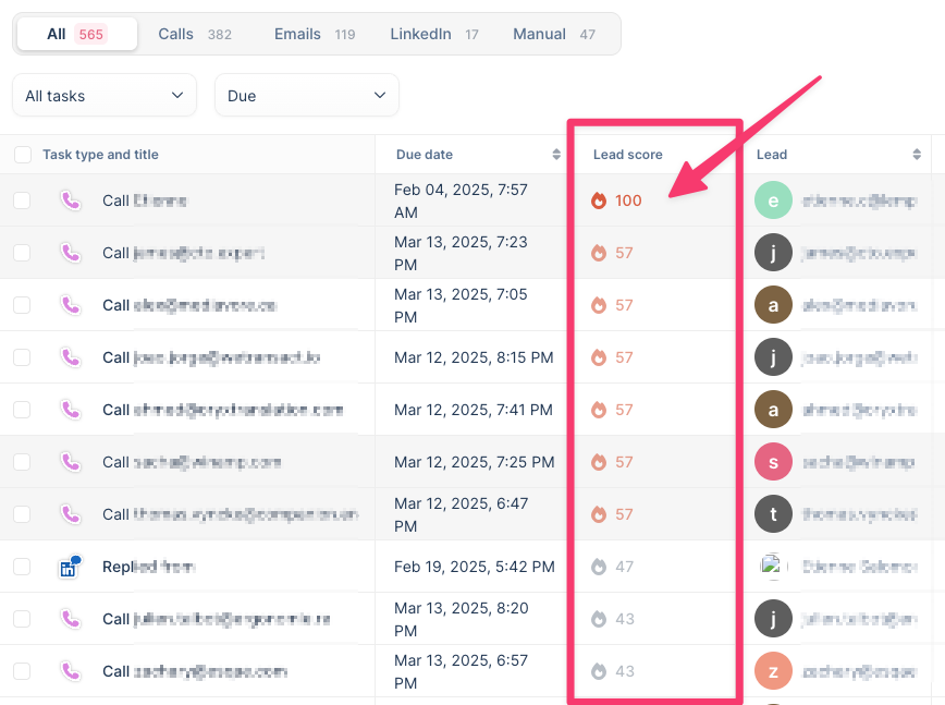 Lemlist task list sorted by lead score