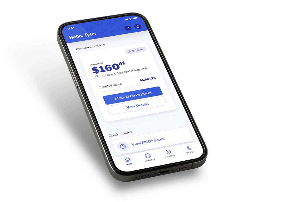 LendingPoint promotional mobile app screen showing a scheduled payment and account balance
