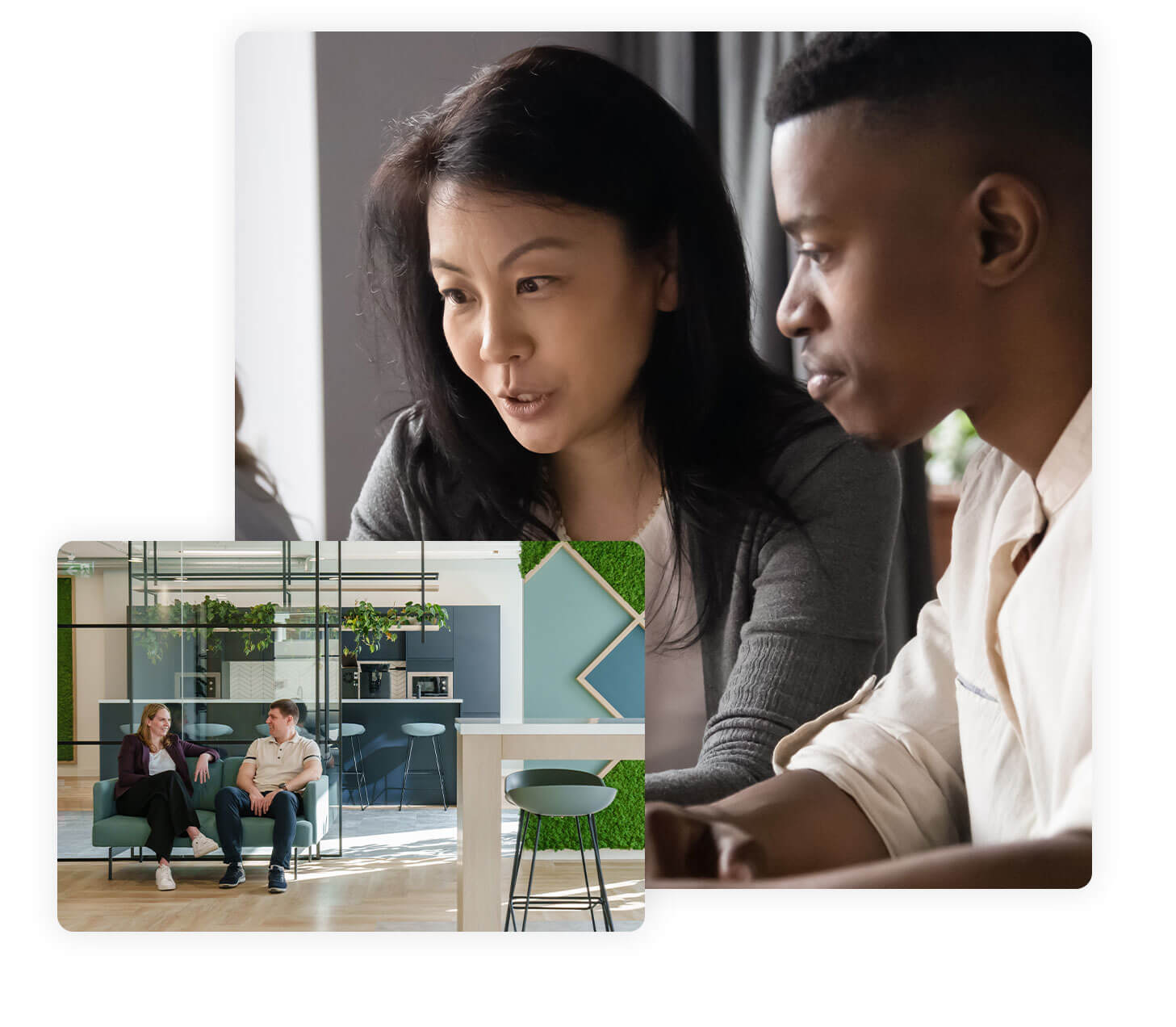 Two colleagues working together, with an inset view of a Lendscape office