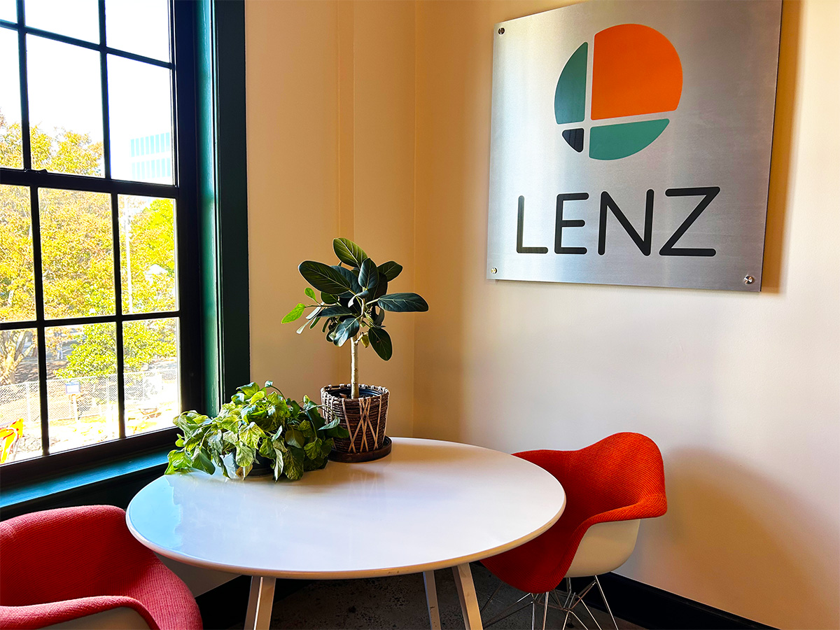 The new Lenz logo displayed inside the company's Decatur office