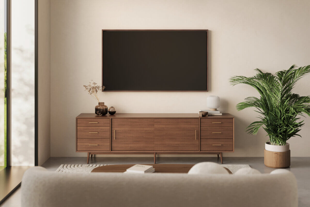 Leon Edge Flex Frame around a television in a styled living room
