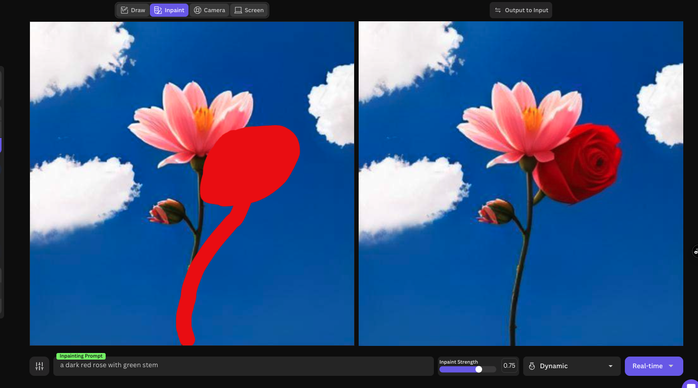 Leonardo AI Realtime Canvas interface showing a drawing and generated flower side by side