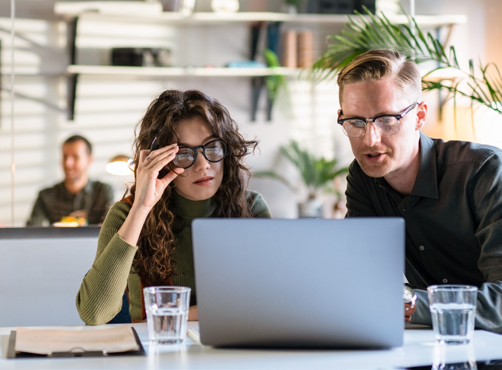 Two people reviewing a laptop in an illustrative office photograph used in LERETA’s LERETAnet materials