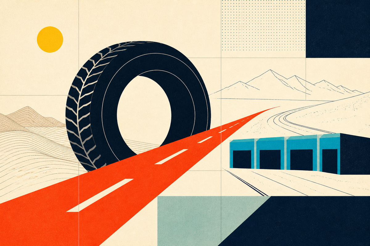 Abstract Swiss-style illustration of a tire, an orange road, teal service bays and western mountains