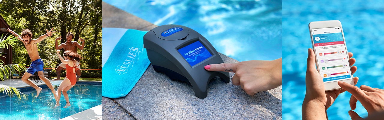 A 2021 Leslie’s promotion showing swimmers, the earlier AccuBlue Home tester and its smartphone interface