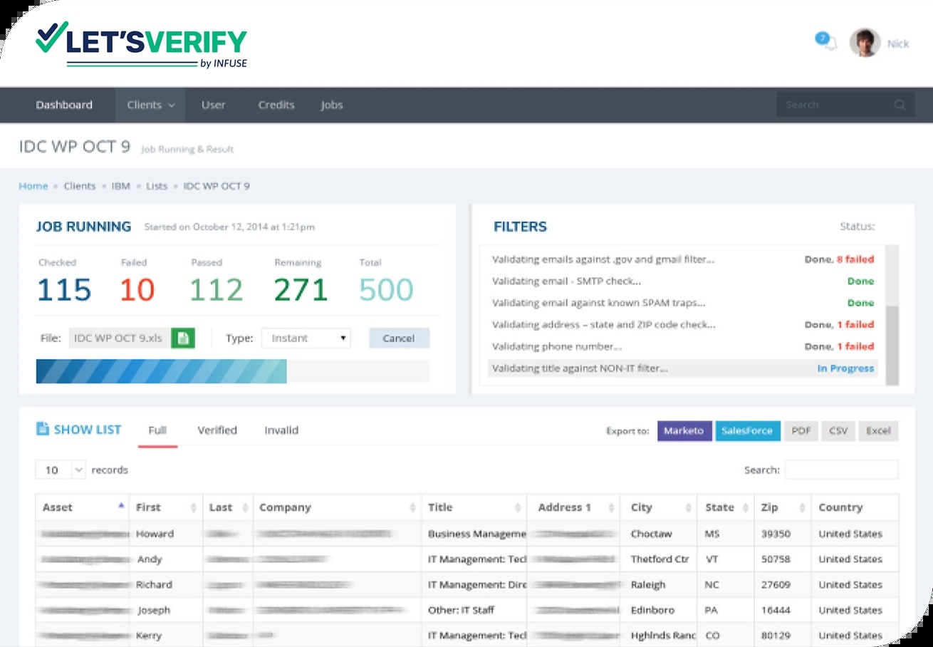 Official Let's Verify example interface showing validation filters and checked, failed and passed records