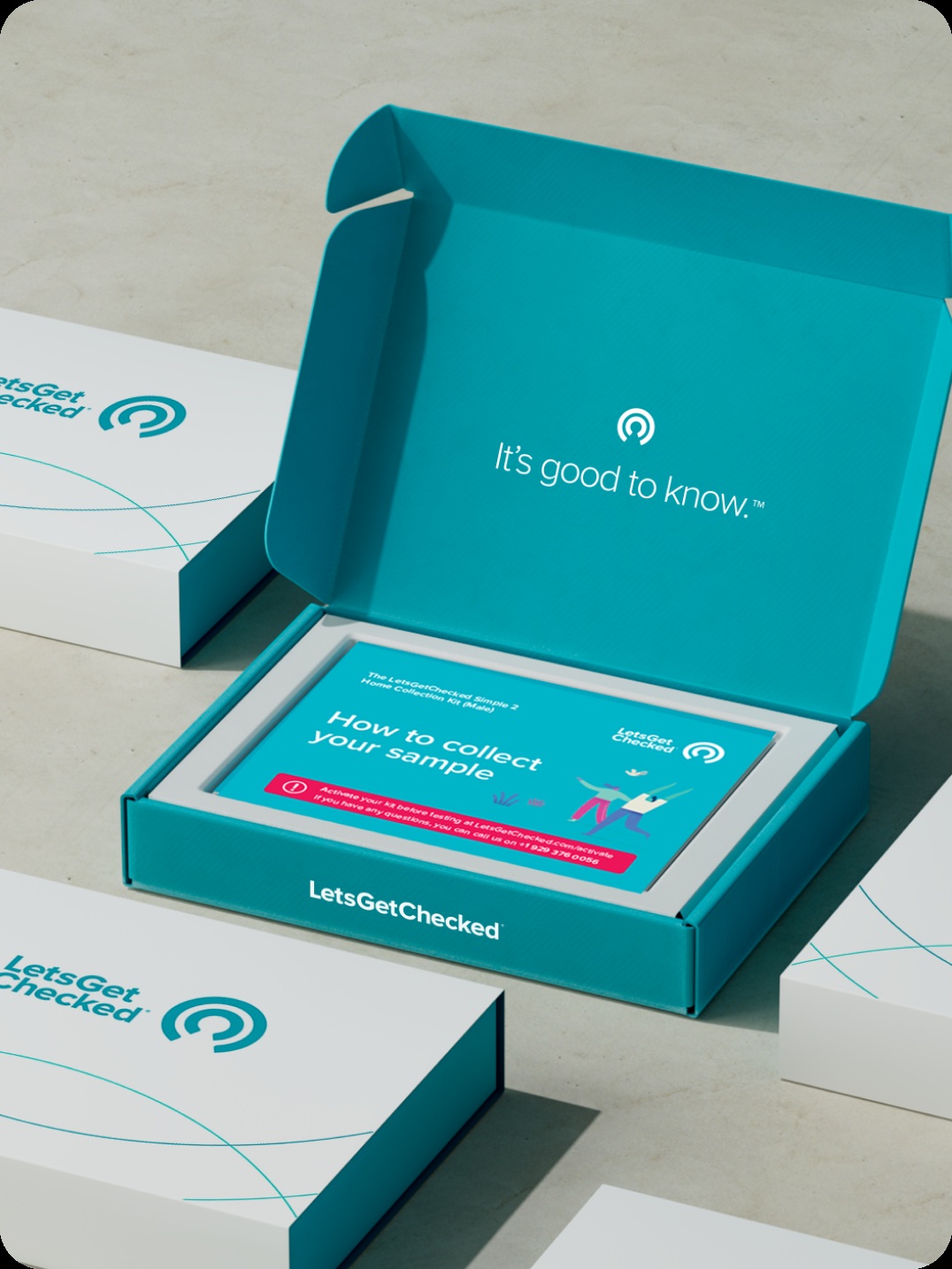 An open teal LetsGetChecked Simple 2 sample collection kit with its instruction booklet
